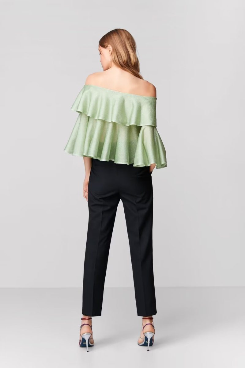 Women  Clothing  French Metal Color Line off the Shoulder Short Sleeve Top Casual - Image 3
