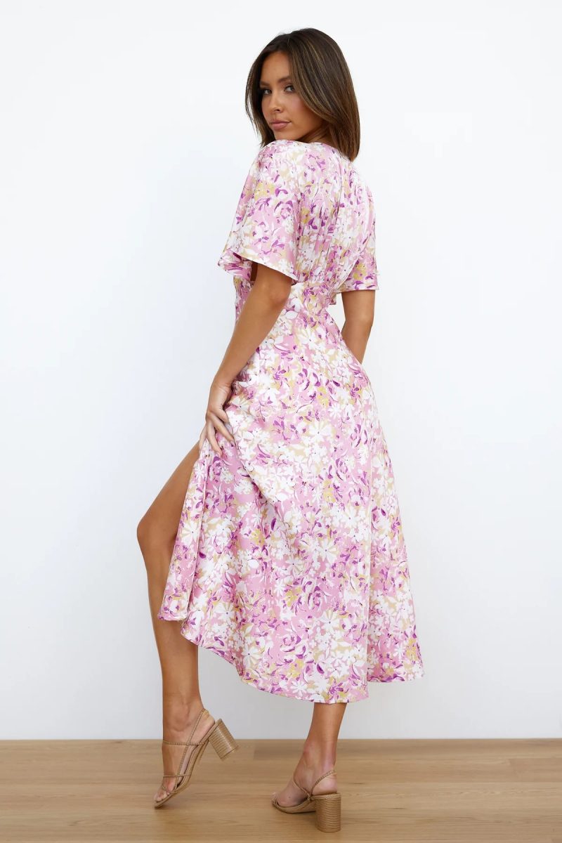 Summer New Fashion Sexy V Neck Print Mid-Length Split Dress - Image 4