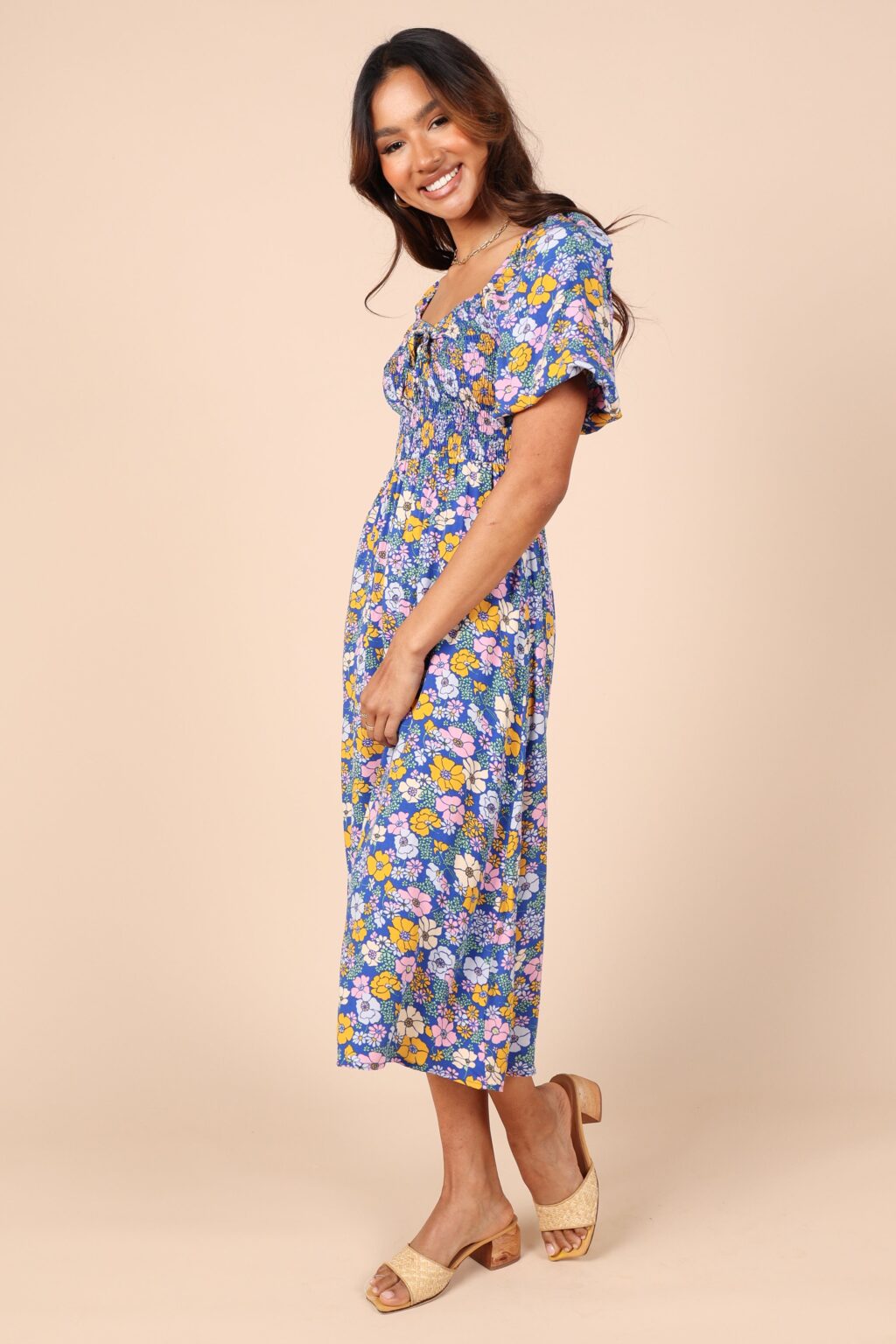 Women Summer Vacation Floral V Neck Tie Smocked Maxi A Line Dress - Image 2