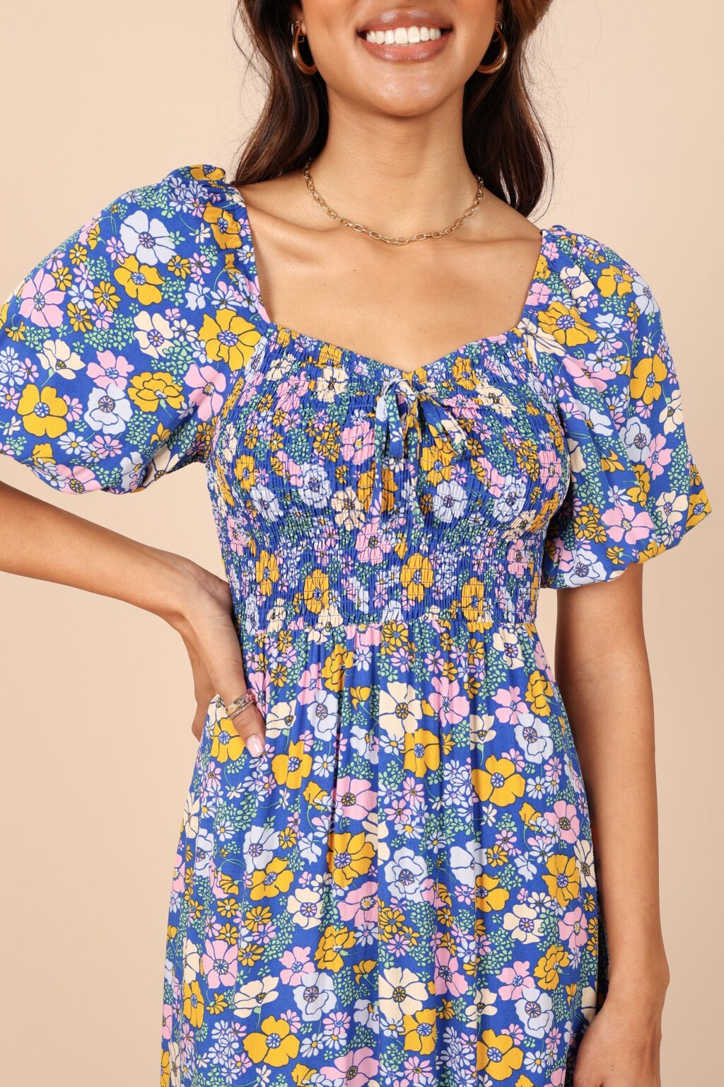 Women Summer Vacation Floral V Neck Tie Smocked Maxi A Line Dress - Image 3