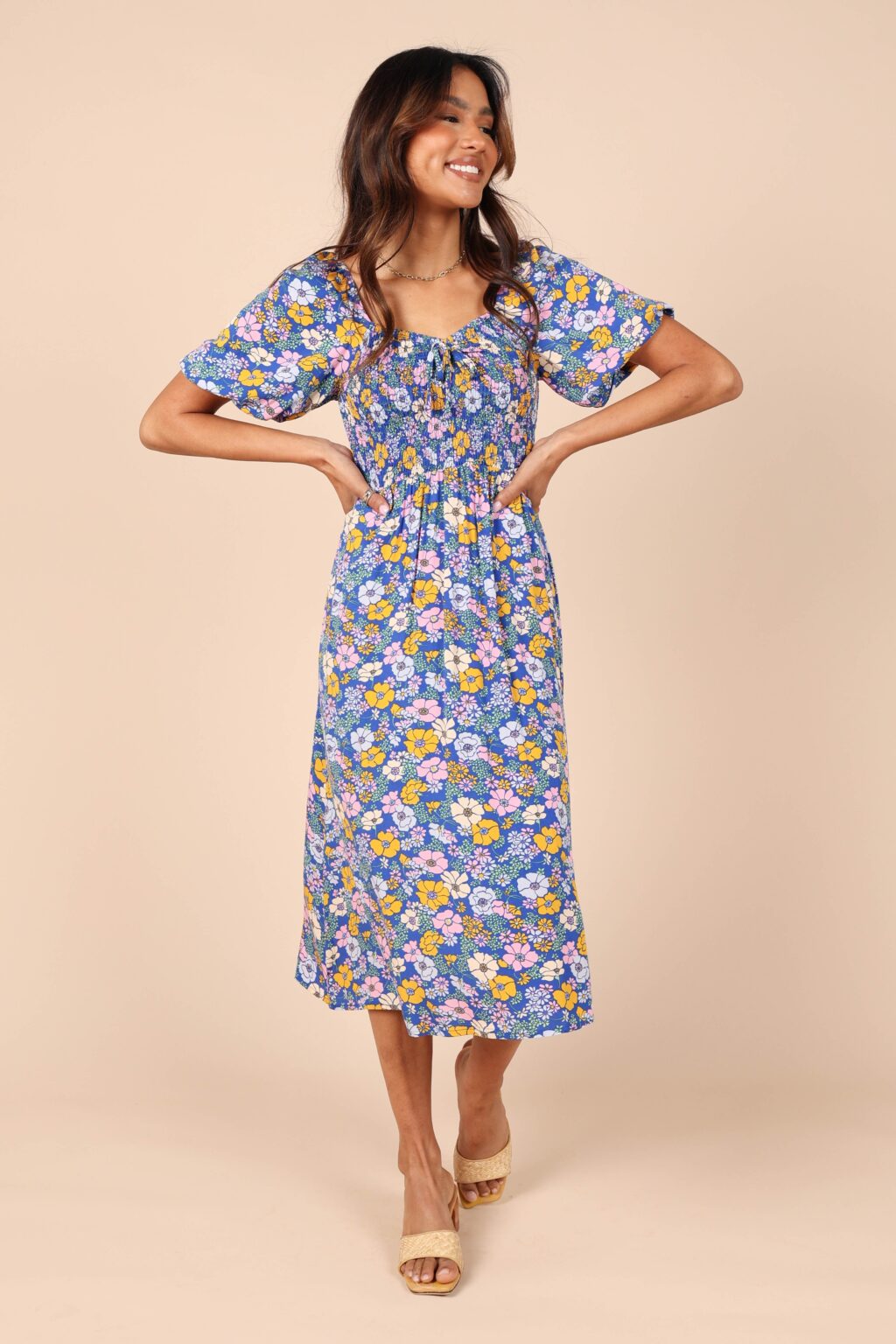 Women Summer Vacation Floral V Neck Tie Smocked Maxi A Line Dress - Image 4