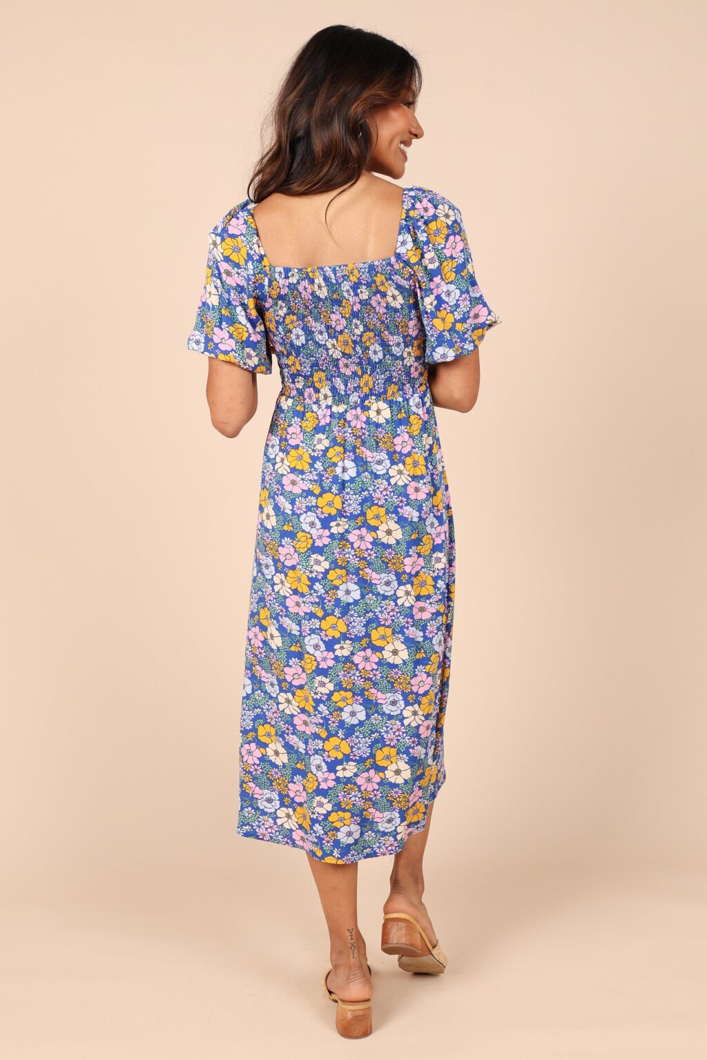 Women Summer Vacation Floral V Neck Tie Smocked Maxi A Line Dress - Image 5