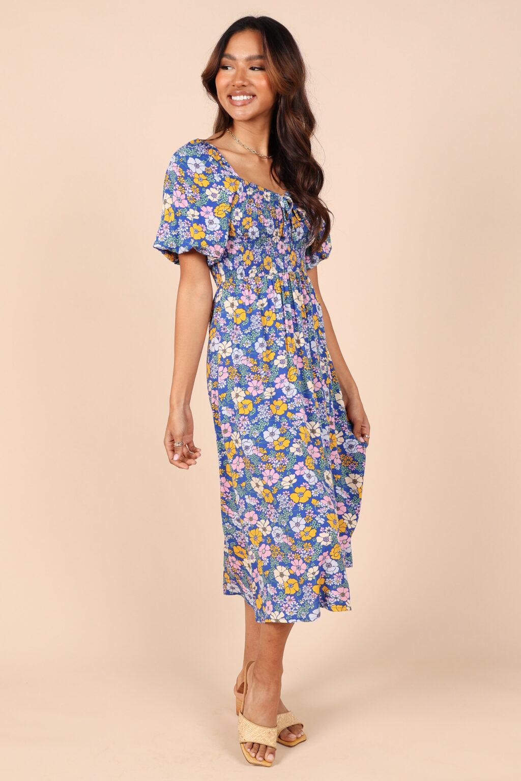Women Summer Vacation Floral V Neck Tie Smocked Maxi A Line Dress - Image 7
