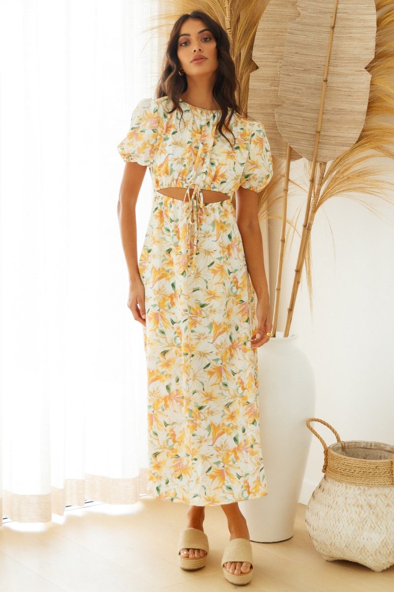 Women Waist Revealing Long Dress Printed Short Sleeve Puff Sleeve Dress - Image 2
