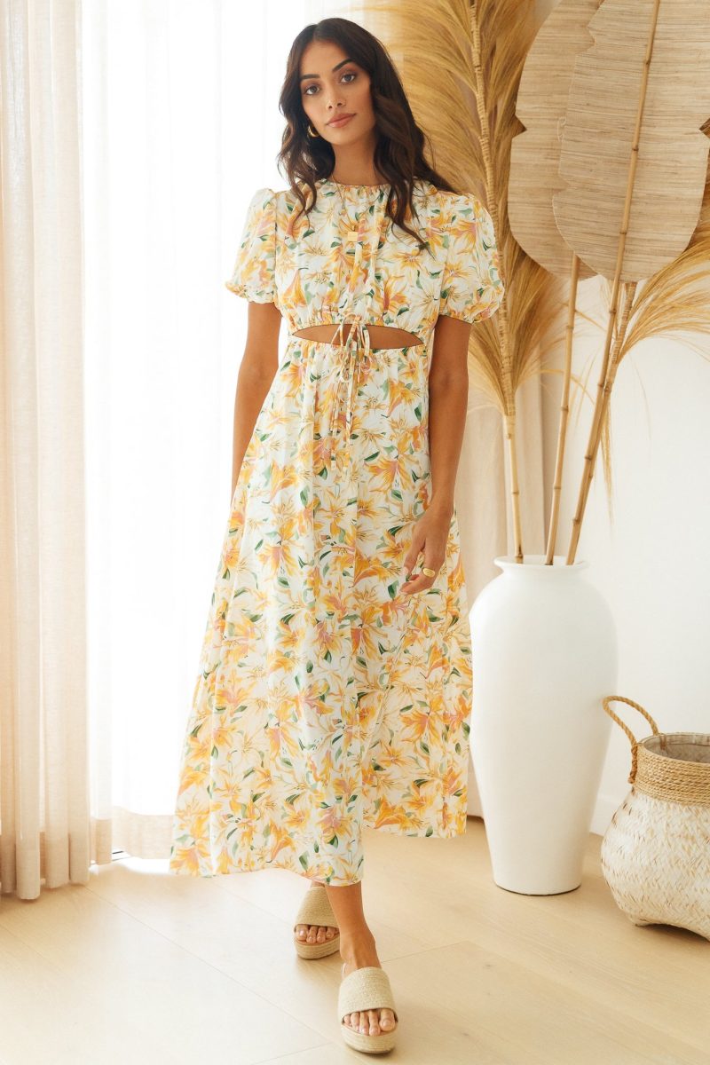 Women Waist Revealing Long Dress Printed Short Sleeve Puff Sleeve Dress - Image 4