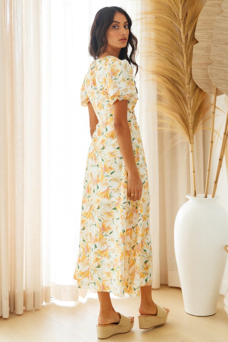 Women Waist Revealing Long Dress Printed Short Sleeve Puff Sleeve Dress - Image 5