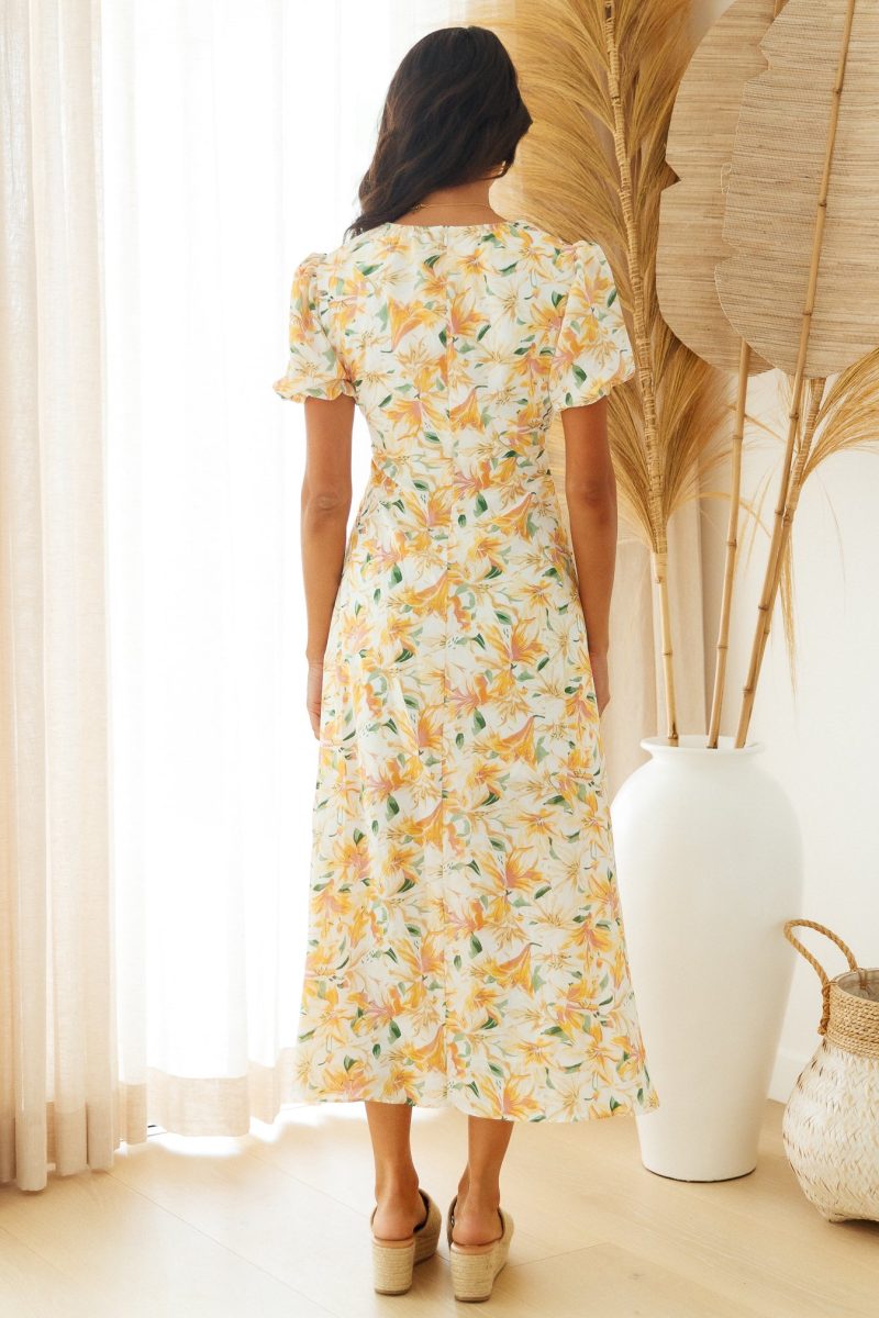 Women Waist Revealing Long Dress Printed Short Sleeve Puff Sleeve Dress - Image 6