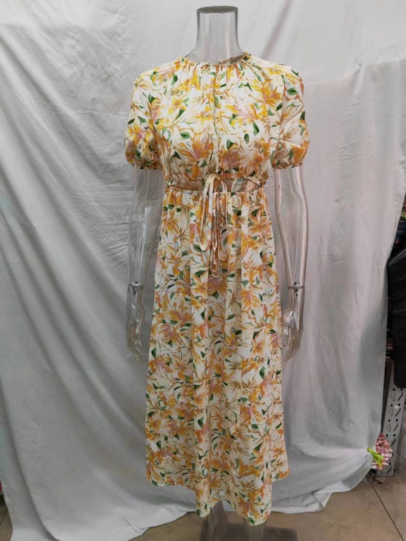 Women Waist Revealing Long Dress Printed Short Sleeve Puff Sleeve Dress - Image 7