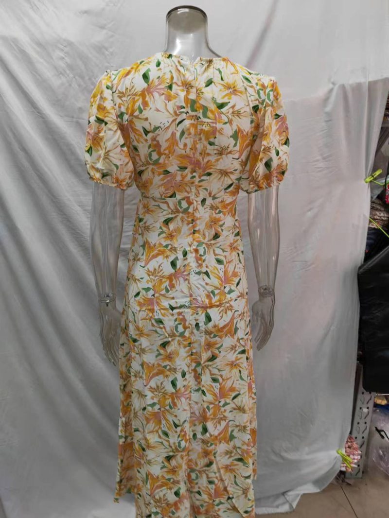 Women Waist Revealing Long Dress Printed Short Sleeve Puff Sleeve Dress - Image 8