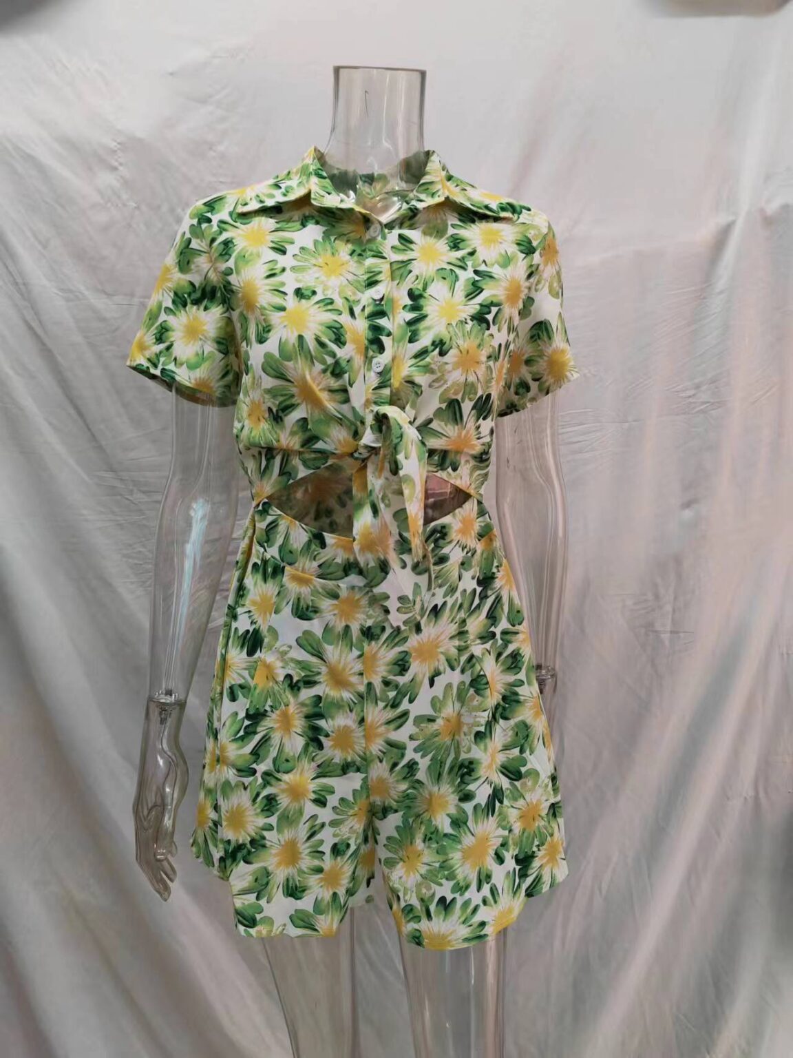 Women Summer Vacation Floral Short Sleeve Tie Rompers - Image 2