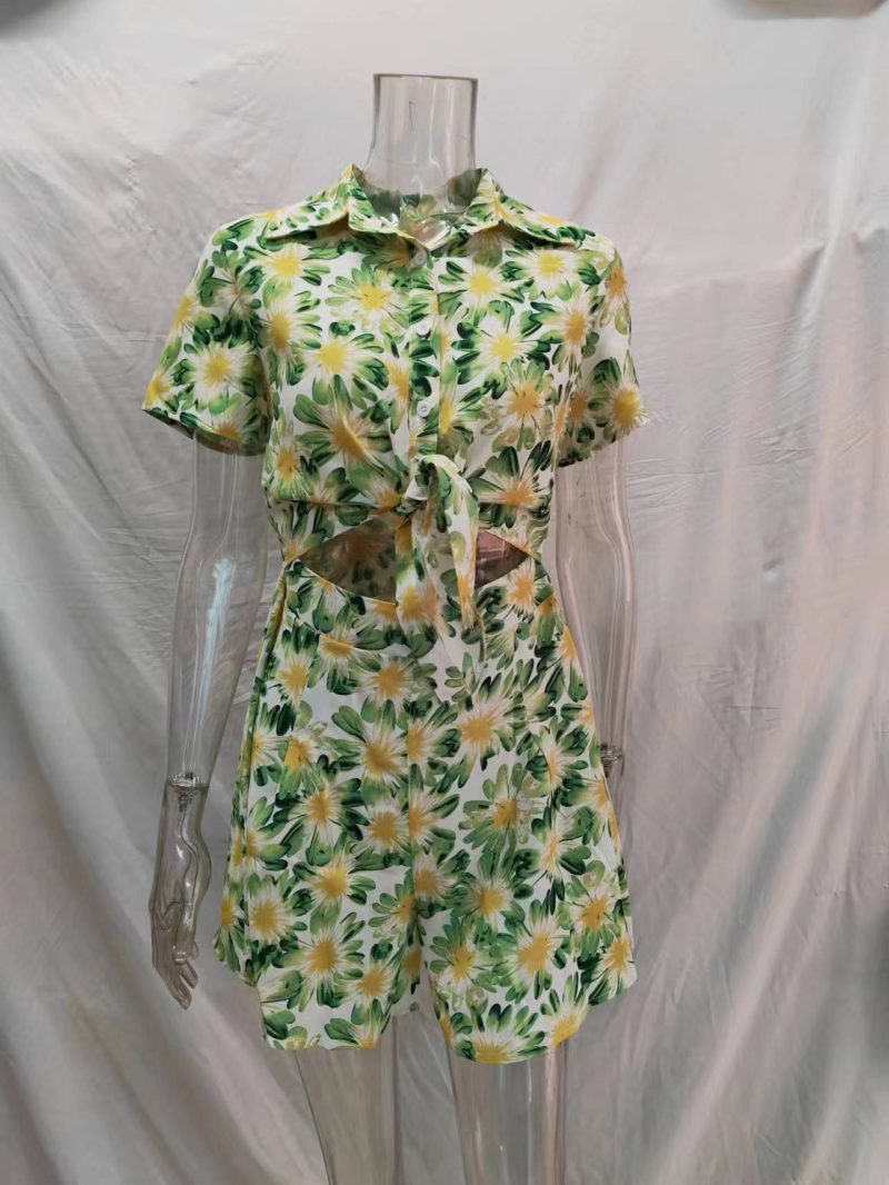 Women Summer Vacation Floral Short Sleeve Tie Rompers - Image 2