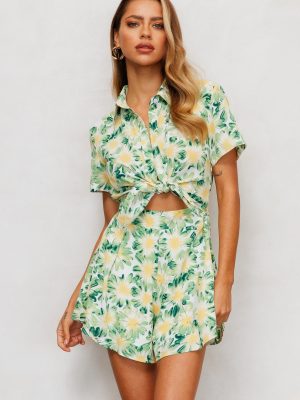 Women Summer Vacation Floral Short Sleeve Tie Rompers