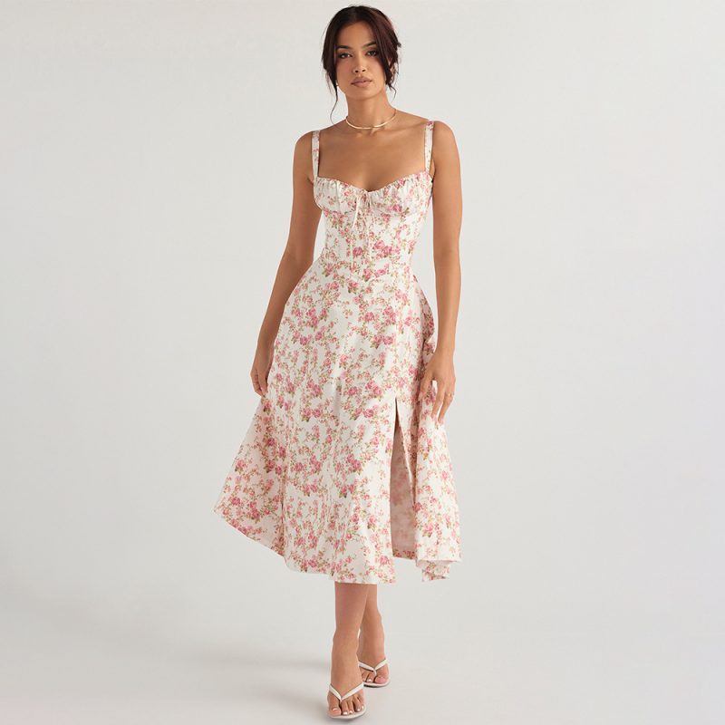 Women  Clothing Sexy Backless Slim Fit Strap Dress Vacation Floral Split Mid Length Dress - Image 4