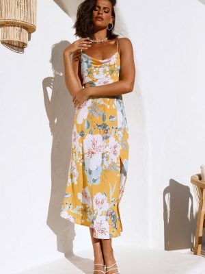 Women Summer Vacation Square Neck Sleeveless Floral High Split Cami Maxi Dress