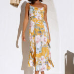 Women Summer Vacation Square Neck Sleeveless Floral High Split Cami Maxi Dress - Image 3