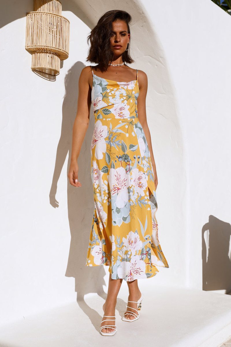 Women Summer Vacation Square Neck Sleeveless Floral High Split Cami Maxi Dress - Image 3