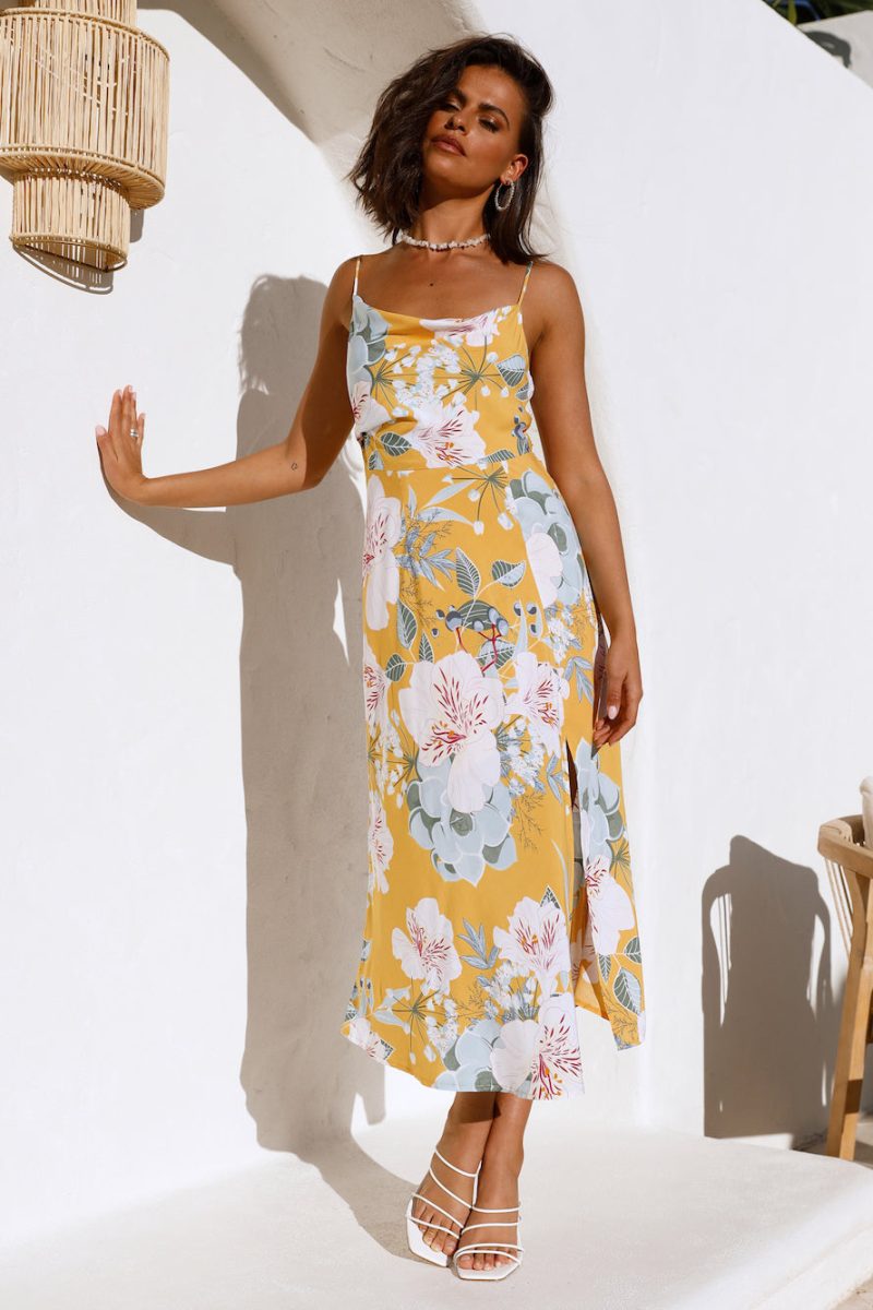 Women Summer Vacation Square Neck Sleeveless Floral High Split Cami Maxi Dress - Image 4