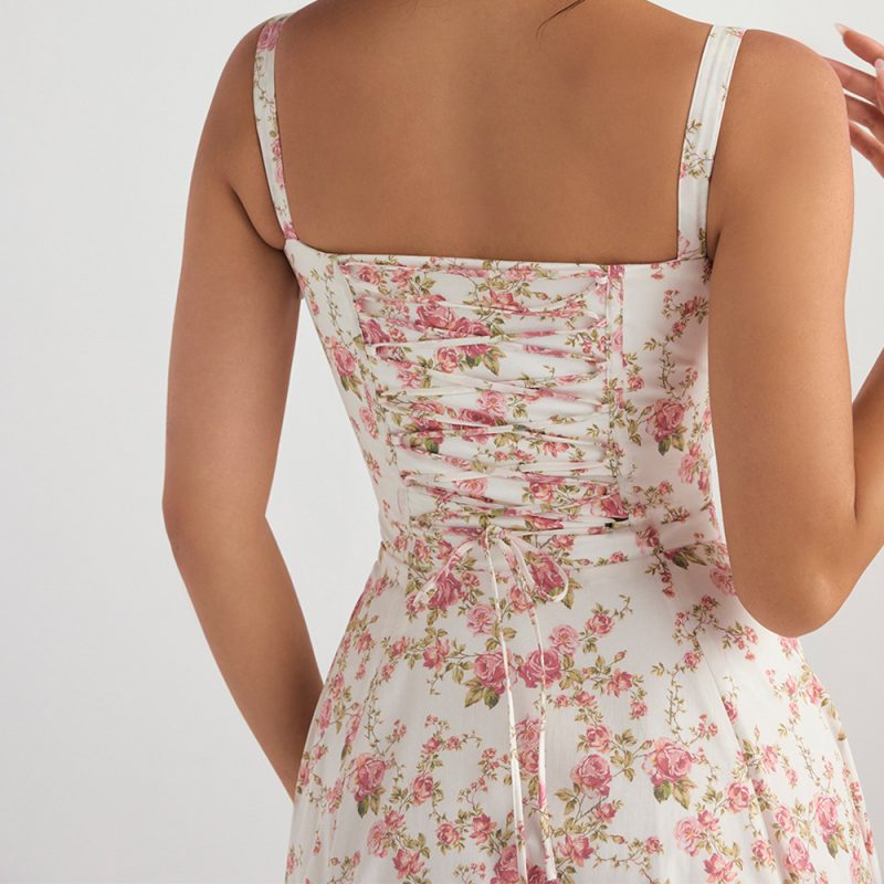 Women  Clothing Sexy Backless Slim Fit Strap Dress Vacation Floral Split Mid Length Dress - Image 6