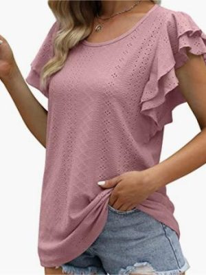 Women Double Layer Ruffles Hollow Out Cutout Out Long Short Sleeve Ladies Casual T Shirt