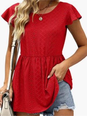 Women Clothing Summer Women T Shirt Hollow Out Waist Ruffle Sleeve Casual Top