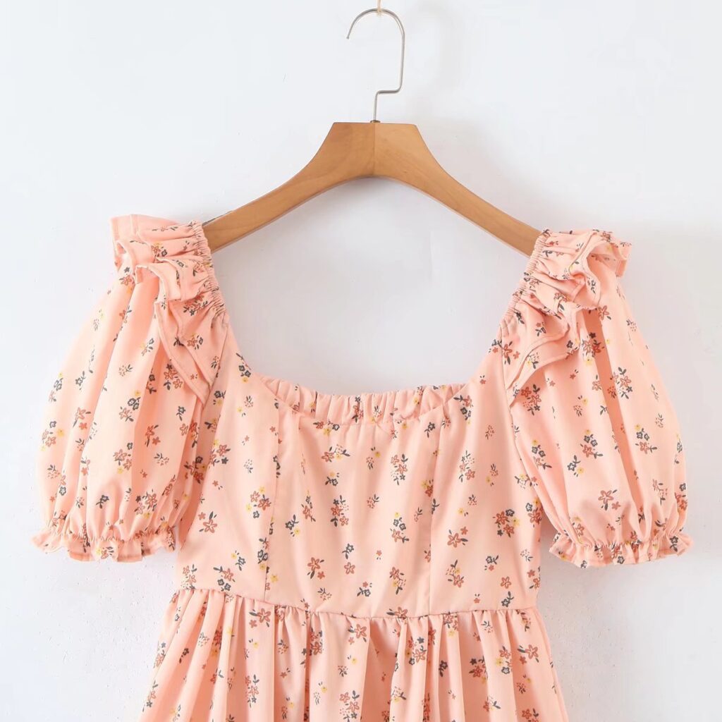 Women Square Collar Slim Fit Floral Sweet Slimming Dress Puff Sleeve Boning Corset Waist Short Sleeve Dress - Image 5