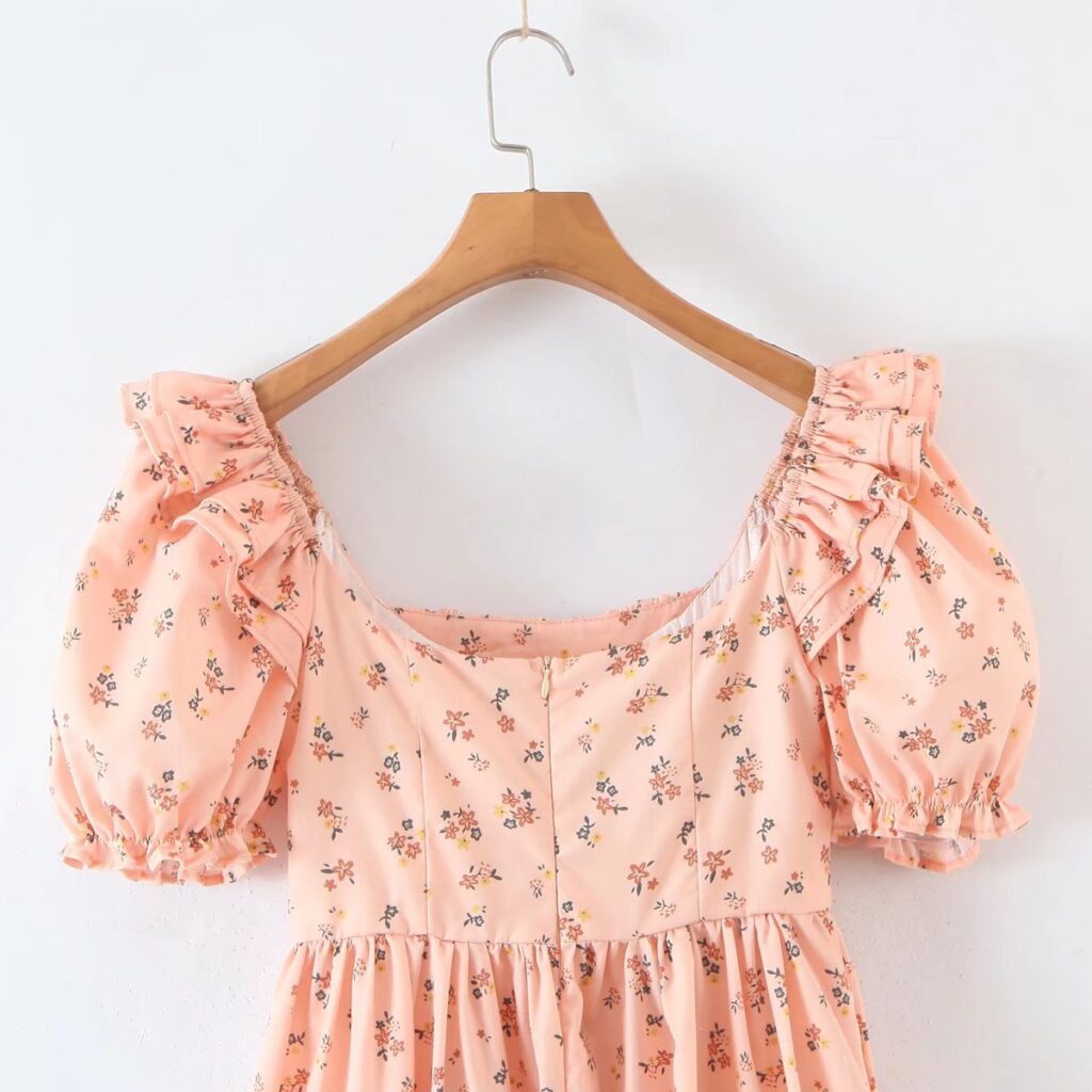 Women Square Collar Slim Fit Floral Sweet Slimming Dress Puff Sleeve Boning Corset Waist Short Sleeve Dress - Image 10