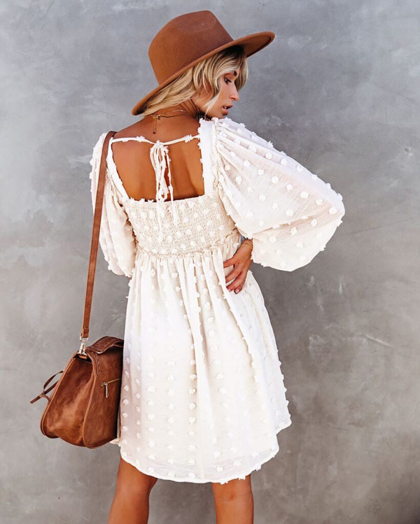 Square Collar Chiffon Polka Dots Short  Lantern Sleeve Dress - Image 2
