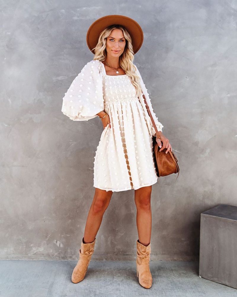 Square Collar Chiffon Polka Dots Short  Lantern Sleeve Dress - Image 3