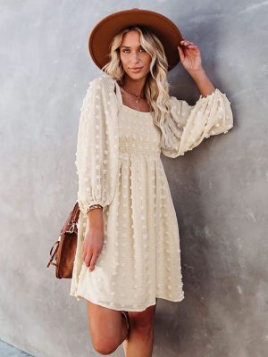 Square Collar Chiffon Polka Dots Short  Lantern Sleeve Dress