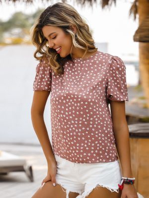 Summer Cool round Neck Lantern Sleeve Polka Dot Short Top