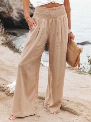 Spring Summer Women Clothing Cotton Linen Solid Color Elastic Waist Wide Leg Pants Casual Pants Trousers