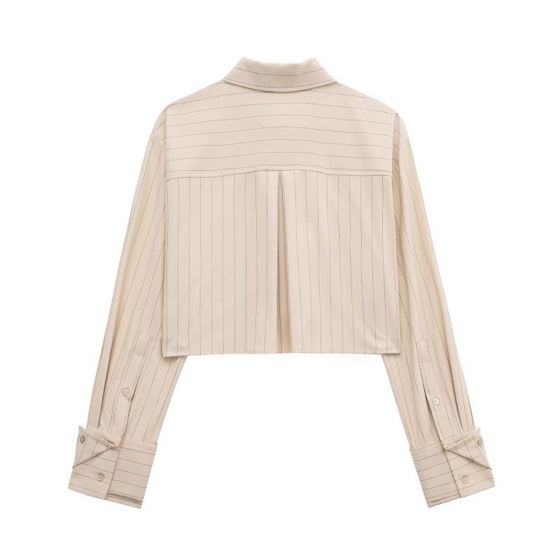 Women Spring Women Long Sleeve Ptripe Short Shirt - Image 2