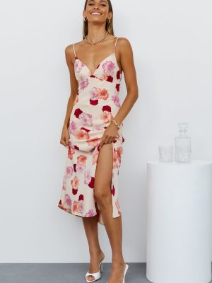 Women Summer French Print V Neck Split Suspender Dress