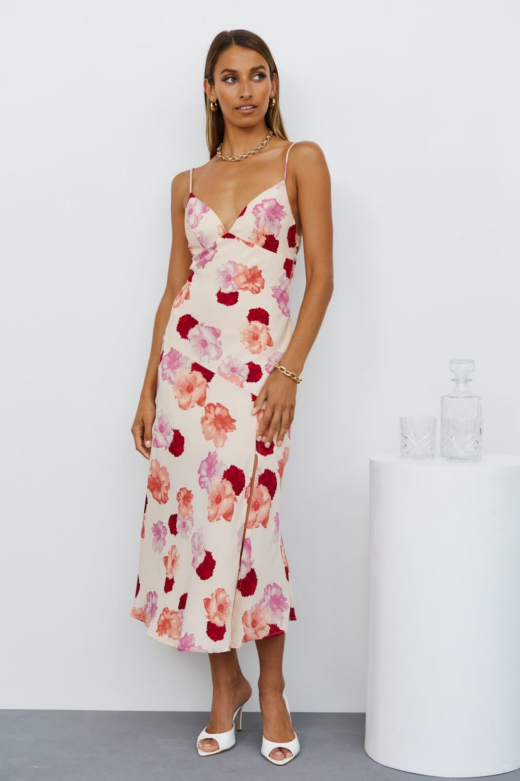Women Summer French Print V Neck Split Suspender Dress - Image 4