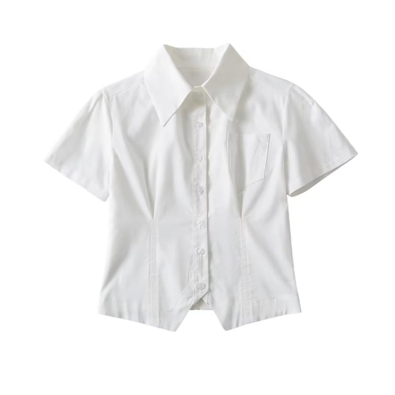 Spring Single Breasted Collared Hem Irregular Asymmetric Short Small Shirt Top Niche Shirt Women - Image 2