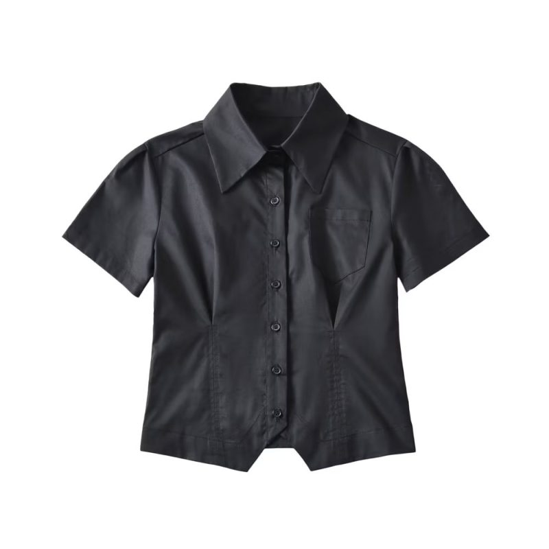Spring Single Breasted Collared Hem Irregular Asymmetric Short Small Shirt Top Niche Shirt Women - Image 3