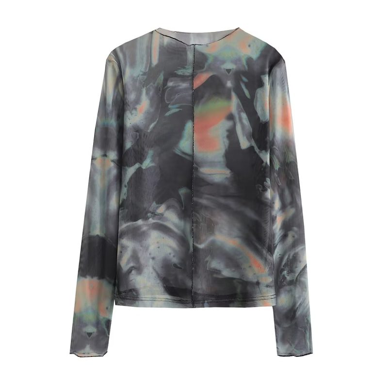 Early Spring round Neck Long Sleeve Net Top Street Slim Top - Image 2