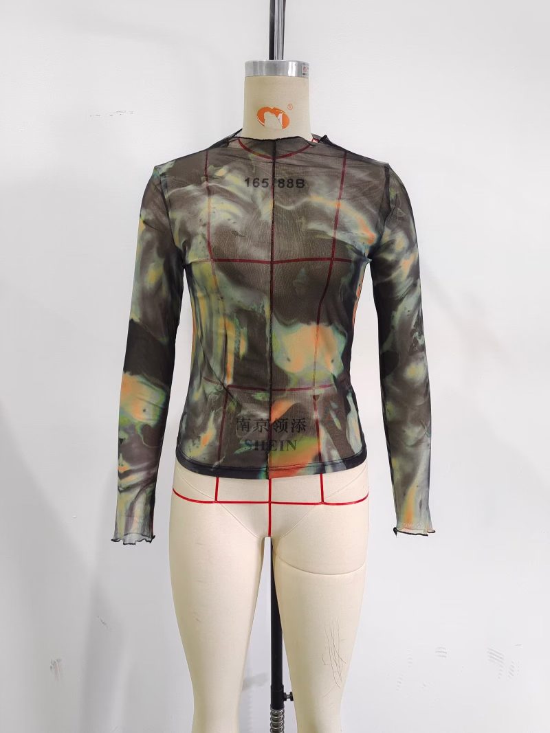 Early Spring round Neck Long Sleeve Net Top Street Slim Top - Image 3
