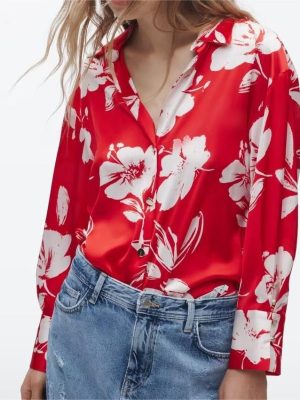 Spring Summer Women Silk Satin Texture Button Decoration Red Floral Print Shirt