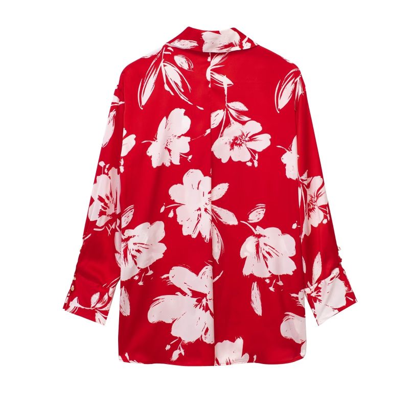 Spring Summer Women Silk Satin Texture Button Decoration Red Floral Print Shirt - Image 3
