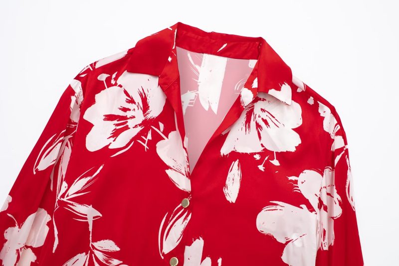 Spring Summer Women Silk Satin Texture Button Decoration Red Floral Print Shirt - Image 4