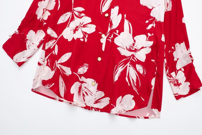 Spring Summer Women Silk Satin Texture Button Decoration Red Floral Print Shirt - Image 5