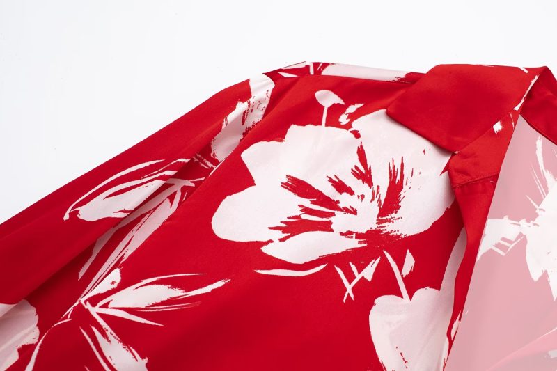 Spring Summer Women Silk Satin Texture Button Decoration Red Floral Print Shirt - Image 6