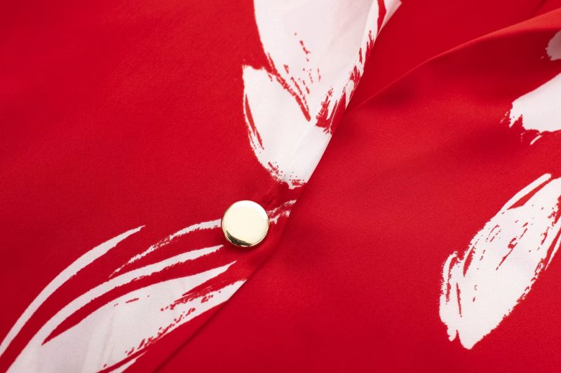 Spring Summer Women Silk Satin Texture Button Decoration Red Floral Print Shirt - Image 7