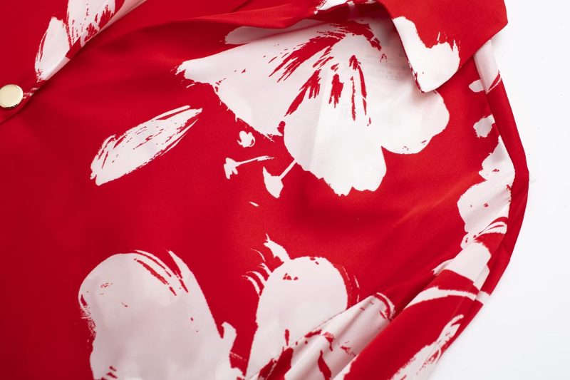 Spring Summer Women Silk Satin Texture Button Decoration Red Floral Print Shirt - Image 8