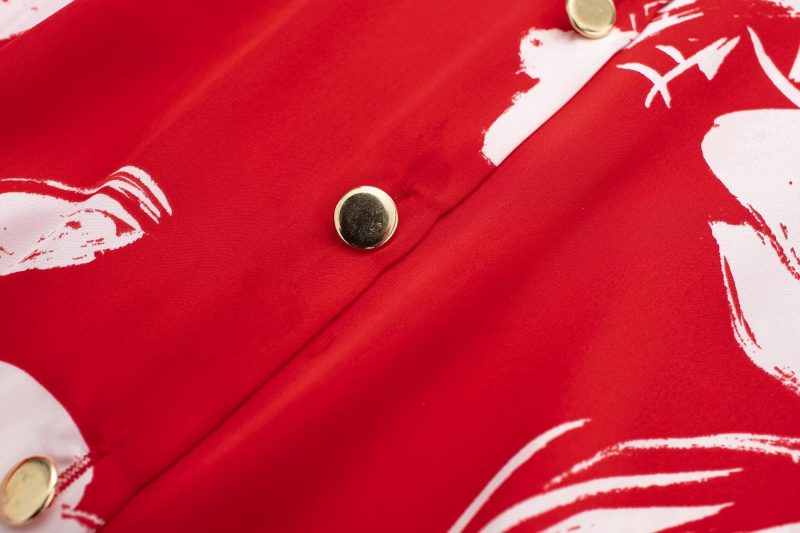 Spring Summer Women Silk Satin Texture Button Decoration Red Floral Print Shirt - Image 10