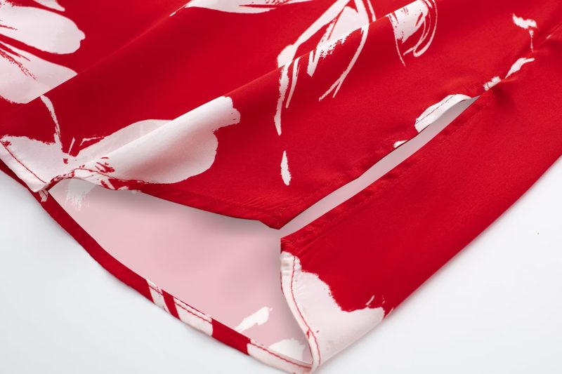 Spring Summer Women Silk Satin Texture Button Decoration Red Floral Print Shirt - Image 11