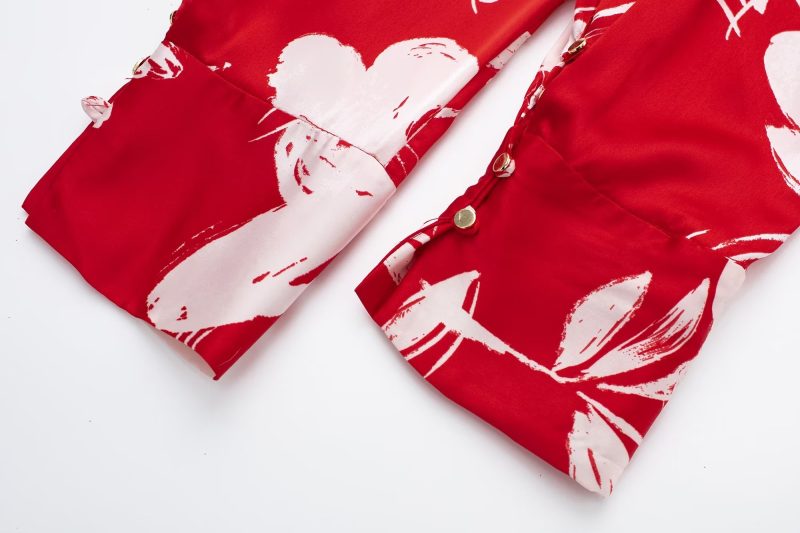 Spring Summer Women Silk Satin Texture Button Decoration Red Floral Print Shirt - Image 12