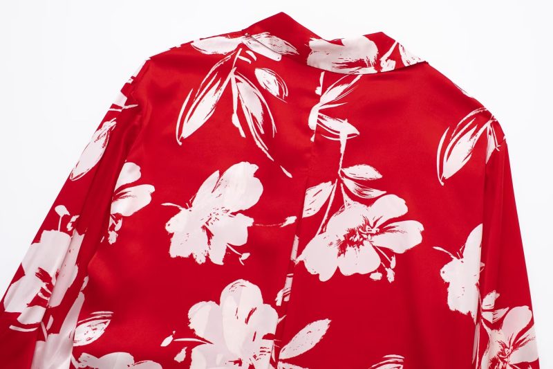 Spring Summer Women Silk Satin Texture Button Decoration Red Floral Print Shirt - Image 13