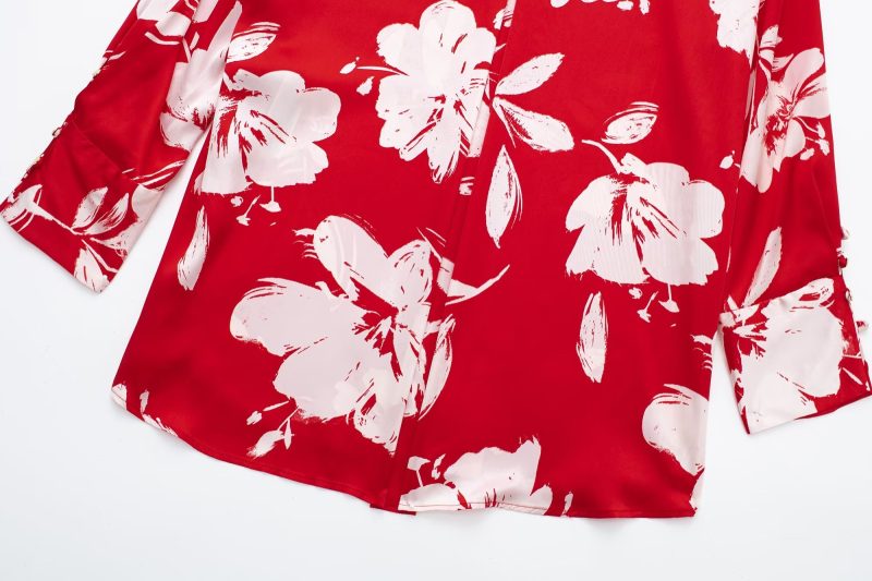 Spring Summer Women Silk Satin Texture Button Decoration Red Floral Print Shirt - Image 14
